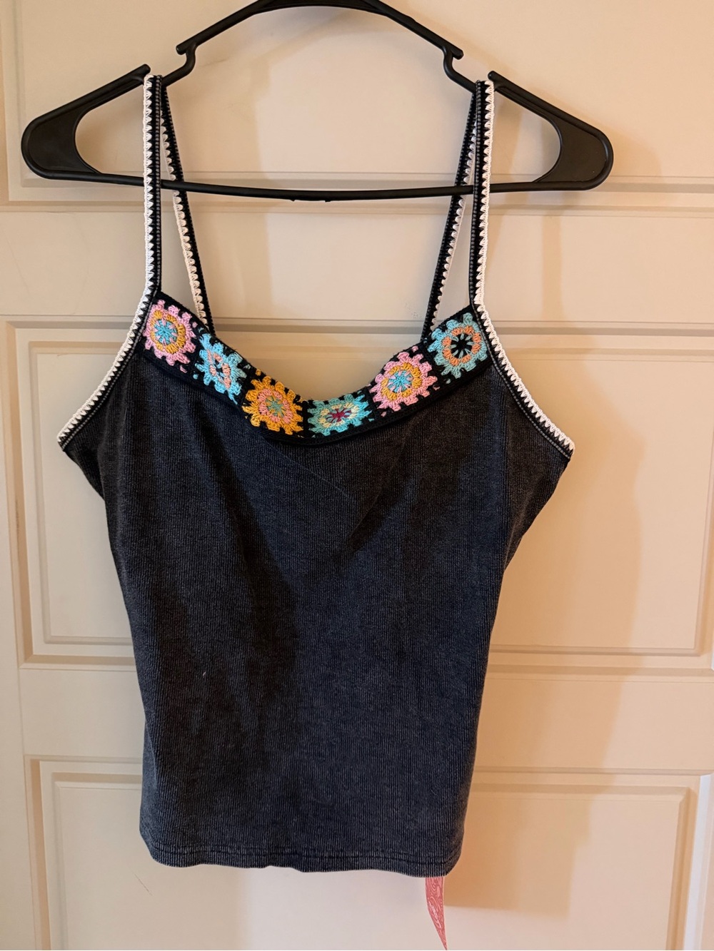 Embroidered Black Tank Top with Multicolor Crochet Trim